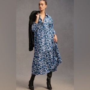 Anthropologie The Bettina in Blue Motif Tiered Shirt Dress by Maeve size 2X